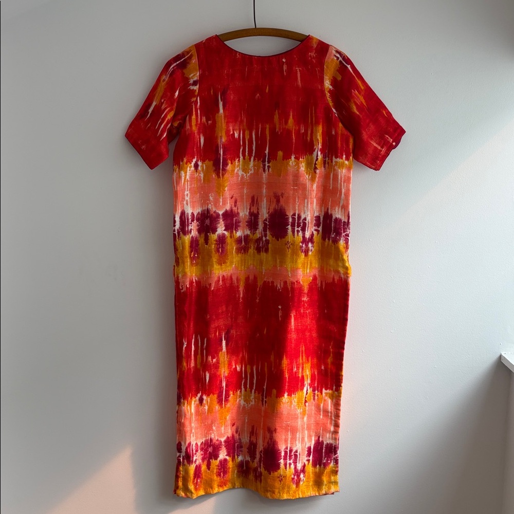 Vintage 60s-70s tie-dye patterned raw silk dress in vivid sunset colors - Picture 2 of 11